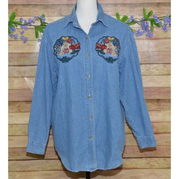 Vintage Quizz Again Cotton Denim Button Up Shirt Size M Embroidered Christmas - Picture 1 of 9